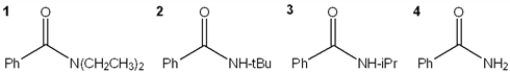 <strong>Which of the following compounds is a 3° amide? </strong> A) 1 B) 2 C) 3 D) 4