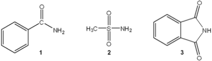 <strong>Which of the following is the correct order of decreasing acid strength of the following compounds (more acidic > less acidic)? </strong> A) 1 > 2 > 3 B) 2 > 3 > 1 C) 1 > 3 > 2 D) 3 > 2 > 1