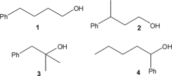 <strong>Which of the following alcohols can be prepared from a Grignard reagent and ethylene oxide? </strong> A) only 1 B) only 1 and 2 C) only 1, 2 and 3 D) 1, 2, 3 and 4