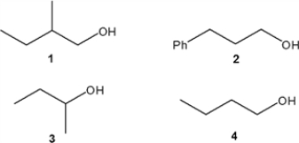 <strong>Which of the following alcohols can be prepared from a Grignard reagent and ethylene oxide? </strong> A) only 1 and 2 B) only 1 and 4 C) only 1, 2 and 3 D) only 2 and 4