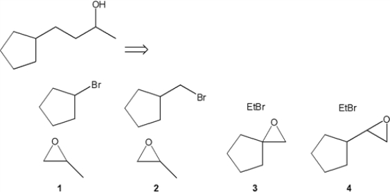 <strong>Which combination(s) of alkyl bromide and epoxide can be used to prepare the following product by addition of the Grignard reagent derived from the alkyl bromide to the epoxide? </strong> A) only 1 B) only 2 C) only 1 and 3 D) only 2 and 4