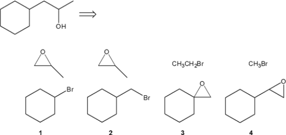 <strong>Which combination(s) of alkyl bromide and epoxide can be used to prepare the following product by addition of the Grignard reagent derived from the alkyl bromide to the epoxide? </strong> A) only 1 B) only 2 C) only 1 and 3 D) only 2 and 4