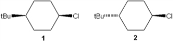 <strong>Which of the following statements is true regarding the reactivity of 1 and 2 with potassium tert-butoxide? </strong> A) 1 reacts faster than 2 B) 1 and 2 give different dehydrochlorinated products C) 2 reacts by elimination whereas 1 reacts by substitution D) 1 reacts by elimination whereas 2 reacts by substitution