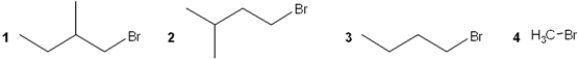 <strong>Which of the following alkyl bromides reacts the slowest with NaSCH<sub>3</sub> in DMF? </strong> A) 1 B) 2 C) 3 D) 4
