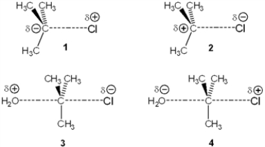 <strong>Which of the following represents the transition state of the rate-determining step in the S<sub>N</sub>1 reaction between tert-butyl chloride and water? </strong> A) 1 B) 2 C) 3 D) 4
