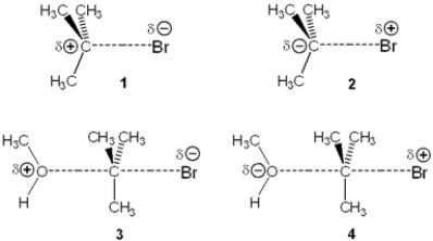<strong>Which of the following represents the transition state of the rate-determining step in the reaction between tert-butyl bromide and methanol? </strong> A) 1 B) 2 C) 3 D) 4