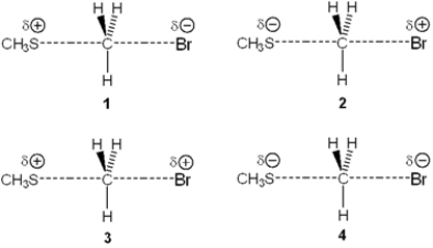 <strong>Which of the following represents the transition state of the reaction between methyl bromide and sodium methylthiolate, NaSCH<sub>3</sub>? </strong> A) 1 B) 2 C) 3 D) 4
