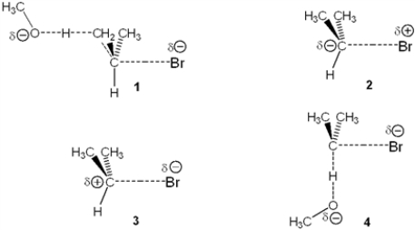<strong>Which of the following represents the transition state of the rate-determining step in the reaction between 2-bromopropane and sodium methoxide leading to elimination? </strong> A) 1 B) 2 C) 3 D) 4