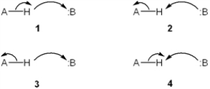 <strong>Which set of curved arrows accounts for the deprotonation of an acid (A-H) by a base (:B)? </strong> A) 1 B) 2 C) 3 D) 4