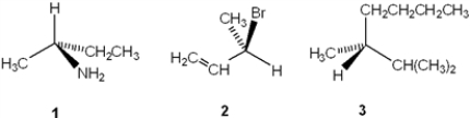<strong>Which of the following have the R configuration? </strong> A) only 1 B) only 2 C) only 1 and 2 D) 1, 2 and 3