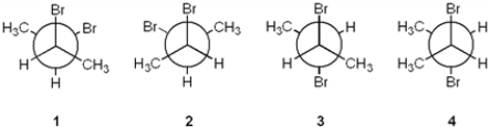 <strong>Which of the following Newman projections represents (2R,3R)-dibromobutane? </strong> A) 1 B) 2 C) 3 D) 4