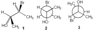<strong>Which of the following structures represent the same stereoisomer? </strong> A) only 1 and 2 B) only 1 and 3 C) only 2 and 3 D) 1, 2 and 3