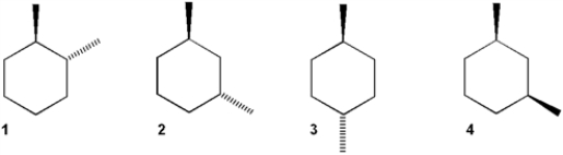 <strong>Which of the following structures have a plane of symmetry? </strong> A) only 1 and 2 B) only 2 and 4 C) only 3 and 4 D) 1, 2, 3 and 4