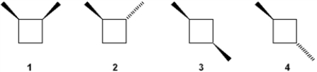 <strong>Which of the following structures does not have a plane of symmetry? </strong> A) only 2 B) only 1 and 2 C) only 3 and 4 D) only 1, 2 and 4