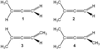 <strong>Which of the following structures is chiral? </strong> A) 1 B) 2 C) 3 D) 4