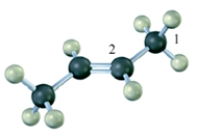 The hybridization on the numbered carbon atoms in the following compound would be Carbon 1 sp<sup>3</sup> and Carbon 2 sp<sup>2</sup>.