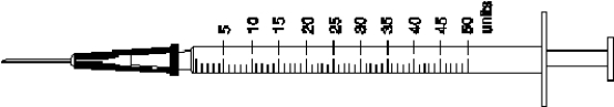Mark the syringe with the ordered amount of regular and intermediate-acting insulin. -Ordered: 7 \text { units } of Humalog R and 25 \text { units } of Humulin N.