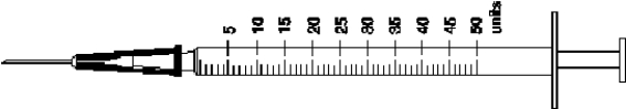 Mark the syringe with the ordered amount of regular and intermediate-acting insulin. -Ordered: 6 \text { units } of Humalog R and 16 \text { units } of Humulin N.