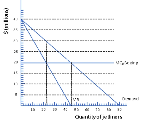 <strong>Figure 6.4 Japanese Market for Jetliners Consider the Japanese market for jetliners as depicted in Figure 6.4.Suppose the lone producer of jetliners in the world is Boeing, which faces a constant marginal cost of $20 million per jetliner.How much profit will Boeing make?</strong> A) 0 B) $150 million C) $230 million D) $250 million