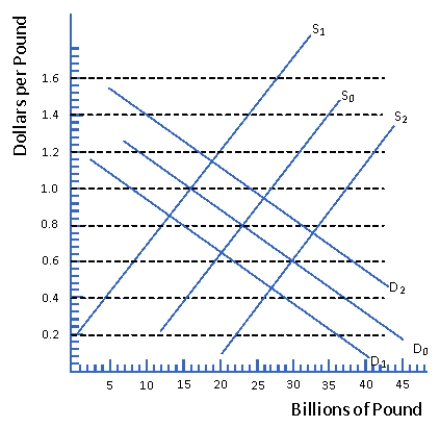 <strong>Figure 12.3 Market for British Pounds Consider Figure 12.3.The market is initially governed by demand curve D<sub>0</sub> and supply curve S<sub>0</sub>.Suppose the US government raises tariffs for UK made goods, which supply and demand curves depict the new situation?</strong> A) S<sub>1</sub> and D<sub>2</sub> B) S<sub>2</sub> and D<sub>1</sub> C) S<sub>0</sub> and D<sub>2</sub> D) S<sub>0</sub> and D<sub>1</sub>