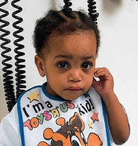 <strong>The nurse walks into an examination room and sees a young child demonstrate a specific behavior.(See image. )The nurse recognizes this behavior is most characteristic of which health problem? </strong> A)Sore throat B)Hunger C)Otitis media D)Head cold
