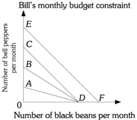 <strong>Refer to the information provided in Figure 6.6 below to answer the question(s) that follow.   Figure 6.6 Refer to Figure 6.6. Bill's budget constraint is BD. Bill's income is $600, the price of a bell pepper is $1, and the price of a bag of black beans is $2. At point D Bill is buying ________ bell peppers and ________ bags of black beans.</strong> A) 0; 300 B) 600; 0 C) 300; 150 D) 600; 300 <div style=padding-top: 35px> 