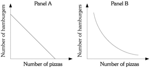 Refer to the information provided in Figure 6.13 below to answer the question(s) that follow. Figure 6.13 -Refer to Figure 6.13. Assume Ellen has two products available, pizza and hamburgers. Ellen is always willing to trade one pizza for one hamburger regardless of how many pizzas and hamburgers she has. The curve in Panel ________ represents her indifference curve.