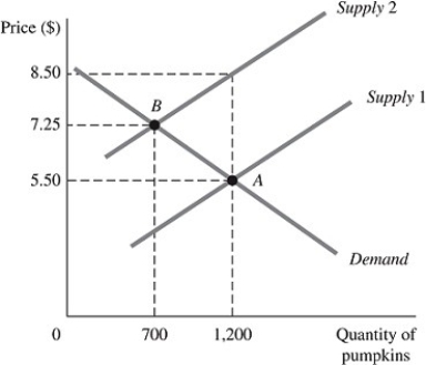 Refer to the information provided in Figure 5.7 below to answer the question(s) that follow. Figure 5.7 The above figure represents the market for pumpkins both before and after the imposition of an excise tax, which is represented by the shift of the supply curve. -Refer to Figure 5.7. Had the demand for pumpkins been perfectly inelastic at Point A, the amount store owners would have received per pumpkin after the imposition and payment of this tax would have been