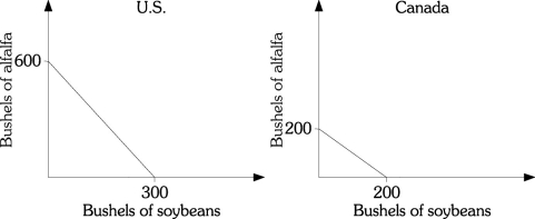 <strong>Refer to the information provided in Figure 20.1 below to answer the question(s) that follow. Figure 20.1 Refer to Figure 20.1. The opportunity cost of producing a bushel of soybeans in the United States is</strong> A) 1/2 as much as that in Canada. B) twice as much as that in Canada. C) 4 times as much as that in Canada. D) the same as that in Canada.