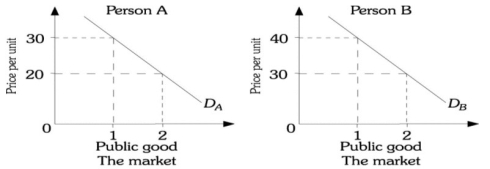 Refer to the information provided in Figure 16.6 below to answer the question(s) that follow. Figure 16.6 -Refer to Figure 16.6. In the top portion of the figure are the demand curves of two people in this society for a public good. Which of the panels represents the market demand curve for the public good?