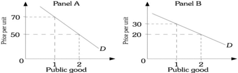 Refer to the information provided in Figure 16.6 below to answer the question(s) that follow. Figure 16.6 -Refer to Figure 16.6. In the top portion of the figure are the demand curves of two people in this society for a public good. Which of the panels represents the market demand curve for the public good?