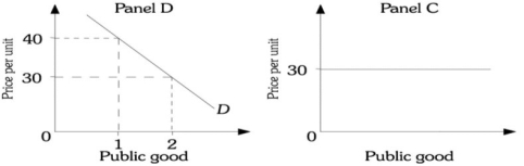 Refer to the information provided in Figure 16.6 below to answer the question(s) that follow. Figure 16.6 -Refer to Figure 16.6. In the top portion of the figure are the demand curves of two people in this society for a public good. Which of the panels represents the market demand curve for the public good?