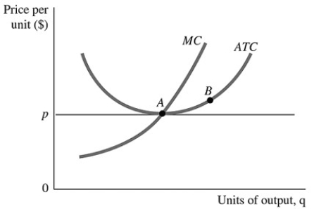 <strong>Refer to the information provided in Figure 12.1 below to answer the question(s) that follow. Figure 12.1 Refer to Figure 12.1. The firm is</strong> A) equally efficient when it produces at points A and B. B) more efficient when it produces at point A than at point B. C) more efficient when it produces at point B than at point A. D) producing at least possible cost anywhere along the given ATC curve.