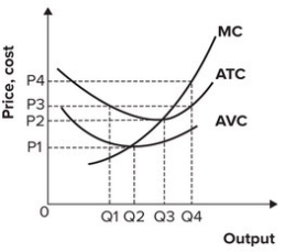 <strong>Refer to the graph shown. If the market price is P<sub>4</sub>, the firm will produce: </strong> A)Q<sub>2</sub> and incur a loss. B)Q<sub>3</sub> and break even. C)Q<sub>3</sub> and earn a profit. D)Q<sub>4</sub> and earn a profit.