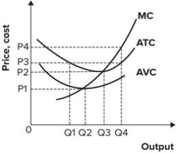 <strong>Refer to the graph shown. If the market price is P<sub>4</sub>, the maximum profit the firm can earn is: </strong> A)Q<sub>4</sub> multiplied by P<sub>4</sub>. B)Q<sub>3</sub> multiplied by P<sub>3</sub>. C)Q<sub>4</sub> multiplied by the difference between P<sub>4</sub> and P<sub>3</sub>. D)Q<sub>3</sub> multiplied by the difference between P<sub>3</sub> and P<sub>2</sub>.