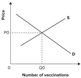 <strong>Refer to the graph shown, which shows the demand and supply for a new vaccine against the common cold. Once vaccinated, a person cannot catch a cold or give a cold to someone else. The socially efficient level of output is: </strong> A)less than Q<sub>0</sub>. B)greater than or less than Q<sub>0</sub> depending on the income elasticity of demand and the effectiveness of the vaccine. C)greater than Q<sub>0</sub>. D)equal to Q<sub>0</sub>.