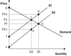 <strong>Refer to the graph shown. Assume the market is initially in equilibrium at point b in the graph but the imposition of a per-unit tax on this product shifts the supply curve up from S<sub>0</sub> to S<sub>1</sub>. The lost consumer surplus of this tax is equal to the area: </strong> A)P<sub>1</sub>(P<sub>2</sub> − t)ab. B)P<sub>2</sub>P<sub>1</sub>bc. C)cab. D)cdb.