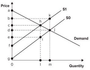 <strong>Refer to the graph shown. Assume the market is initially in equilibrium at point j in the graph but the imposition of a per-unit tax on this product shifts the supply curve up from S<sub>0</sub> to S<sub>1</sub>. The amount of revenue the government will collect from this tax is equal to the area of: </strong> A)rectangle chie. B)triangle ach. C)triangle egi. D)rectangle bkjd.