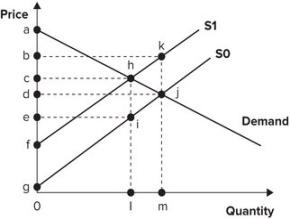 <strong>Refer to the graph shown. Assume the market is initially in equilibrium at point j in the graph but the imposition of a per-unit tax on this product shifts the supply curve up from S<sub>0</sub> to S<sub>1</sub>. The welfare loss triangle from this tax is represented by area: </strong> A)ahf. B)eig. C)hji. D)ajg.