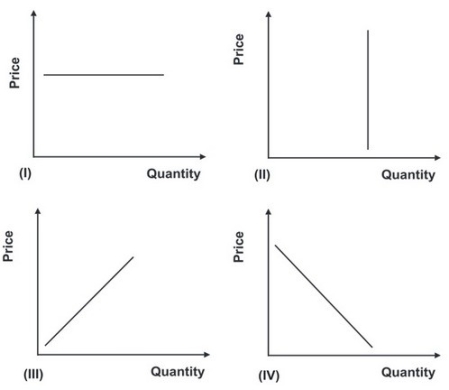 <strong>Refer to the graphs shown. If quantity supplied is a fixed amount that does not vary with price, then the supply curve looks like: </strong> A)I. B)II. C)III. D)IV.