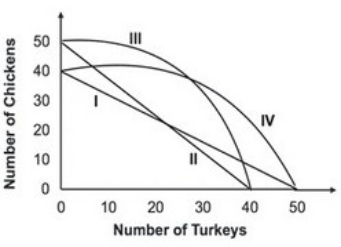<strong>Refer to the graph below. Suppose that the opportunity cost of producing 10 chickens is always 8 turkeys. Given this, the relevant production possibility curve must be:</strong> A)I. B)II. C)III. D)IV.