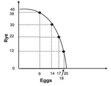 <strong>Refer to the graph below. The graph indicates that as more eggs are produced, the marginal opportunity cost of:</strong> A)both eggs and rye increases. B)eggs increases while the marginal opportunity cost of rye remains constant. C)eggs increases while the marginal opportunity cost of rye decreases. D)eggs decreases while the marginal opportunity cost of rye remains constant.
