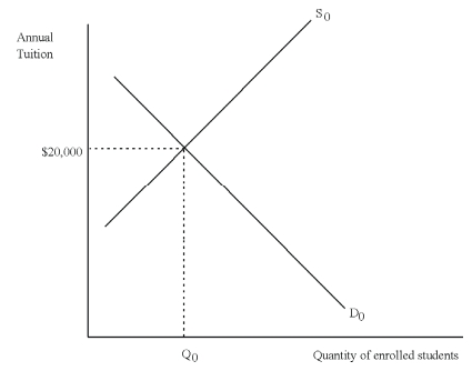 Many state governments support higher education through subsidies.(A subsidy is like a negative excise tax).Consider the following supply and demand for college education at State U, which shows the equilibrium that would prevail without subsidies: annual tuition is $20,000 with Q<sub>0</sub> enrolled students.Suppose the state provides a $10,000 per year subsidy paid to State U for each student enrolled.What impact will this subsidy have on the equilibrium tuition level and number of enrolled students? Explain.