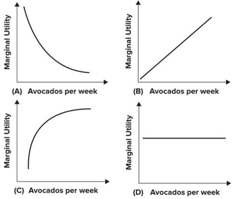 <strong>Refer to the following figure. Geri likes avocados; each additional avocado she consumes adds as much to her total utility as did the previous one. Which of the four graphs best represents Geri's marginal utility curve for avocados?</strong> A) A B) B C) C D) D