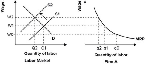 Refer to the graph shown. If labor supply shifts from S<sub>1</sub> to S<sub>2</sub>, the firm will: