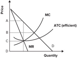 <strong>Refer to the following graph. A monopolist's inefficiency per unit of output at the profit-maximizing level of output is limited to cost per unit:</strong> A) A minus B. B) B minus C. C) A minus C. D) C.