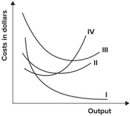 The following graph shows average fixed costs, average variable costs, average total costs, and marginal costs of production.   The average variable cost curve is represented by which curve?