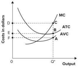 Refer to the graph shown. The line segment that represents average fixed costs of producing Q* is:  