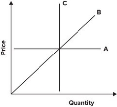 <strong>Refer to the graph shown. Which of the following curves demonstrates a perfectly elastic demand curve? </strong> A) A B) B C) C D) None of the curves