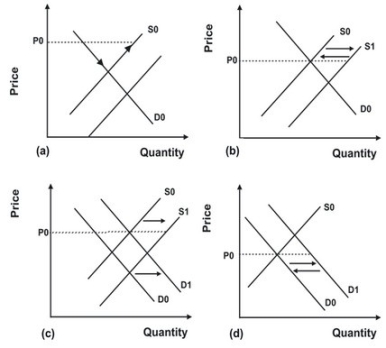 <strong>Refer to the following graphs. In the early 1990s, mounds of newspapers and worthless plastic piled up at recycling centers. As the nation's economy continued to grow, increased demand eliminated the mounds and turned them into shortages. In the mid-1990s, as recycling became more popular, the mounds of recycled materials returned. What graph best depicts these events on the market for recycled materials?</strong> A) Price remained constant at P0. Quantity demanded first rose, while supply remained constant; quantity supplied then rose, while demand remained constant. B) Price remained constant at P0. Supply first shifted from S1 to S0 and then back to S1. C) Price remained constant at P0. Demand shifted from D0 to D1 then supply shifted from S0 to S1. D) Price remained constant at P0. Demand shifted from D0 to D1 and then back to D0.